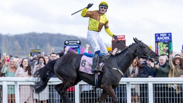 Paul Townend on Galopin Des Champs celebrates winning the Cheltenham Gold Cup