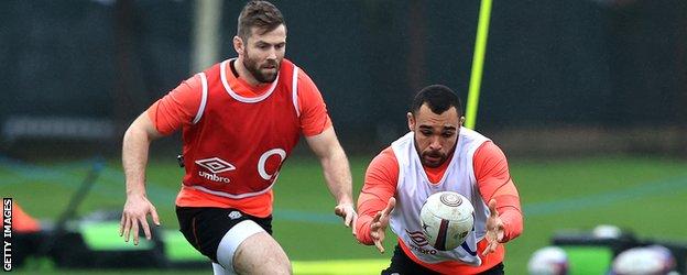 Elliot Daly and Joe Marchant in training