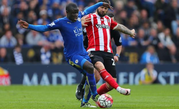 Leicester's N'Golo Kante challenges Southampton's Charlie Austin