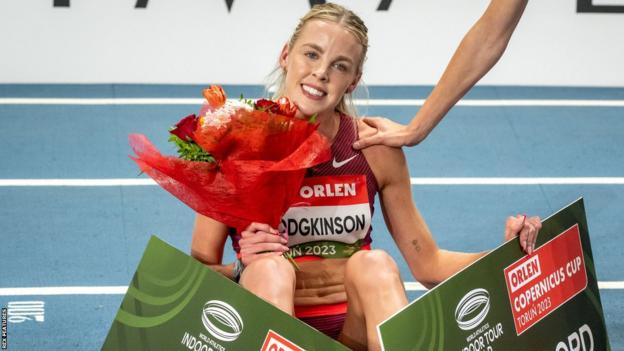 Great Britain's Keely Hodgkinson celebrates winning the women's 800m at an indoor event in Poland