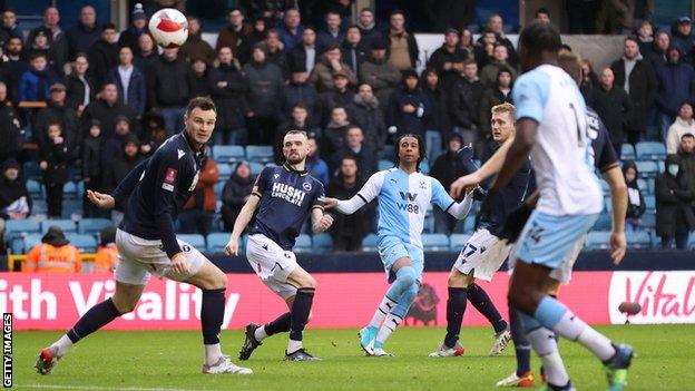 Michael Olise scores Crystal Palace's equaliser at Millwall in the FA Cup third round