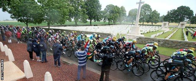 The race passes by a World War One cemetery