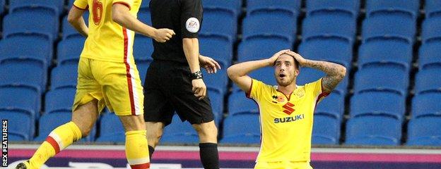 Samir Carruthers reaction after his penalty appeal is ruled out by referee Dean Whitestone
