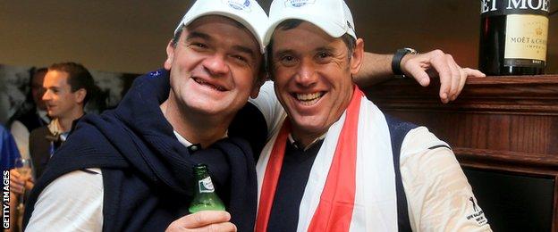 Paul Lawrie and Lee Westwood celebrate Europe's victory at Medinah in 2012