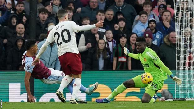 Aston Villa striker Ollie Watkins is denied by Manchester United goalkeeper Andre Onana
