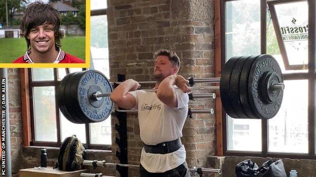 Danny Allen, inset: during his time playing for FC United of Manchester in 2007 and now training at his gym