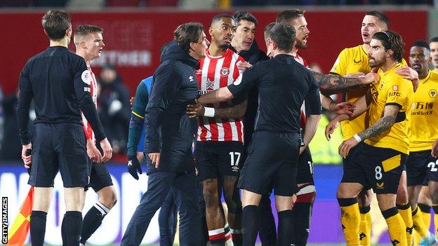 Thomas Frank was sent off for his protests after the final whistle of Brentford's defeat by Wolves