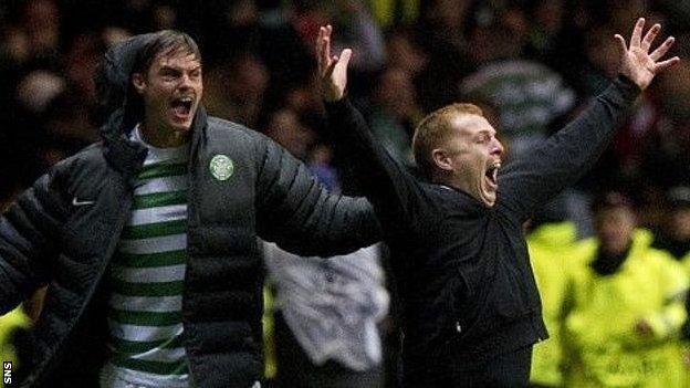 Neil Lennon celebrates Tony Watt's famous goal against Barcelona at Celtic Park