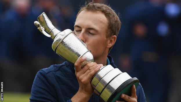 Jordan Spieth of the United States kisses the Claret Jug after winning the 146th Open Championship at Royal Birkdale