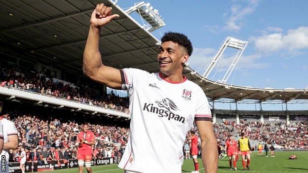 Robert Baloucoune celebrates after scoring three tries for Ulster in the win over Toulouse