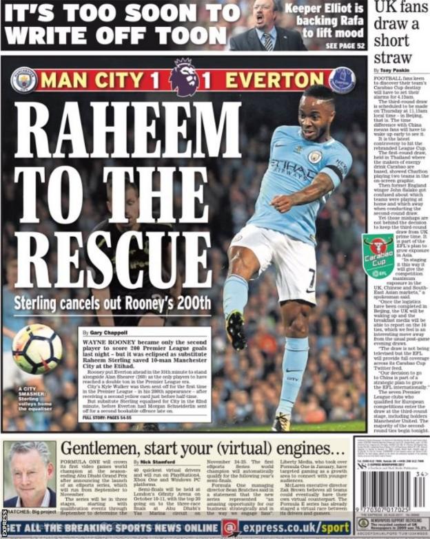 The Express lead with Raheem Sterling's equaliser for Manchester City against Everton