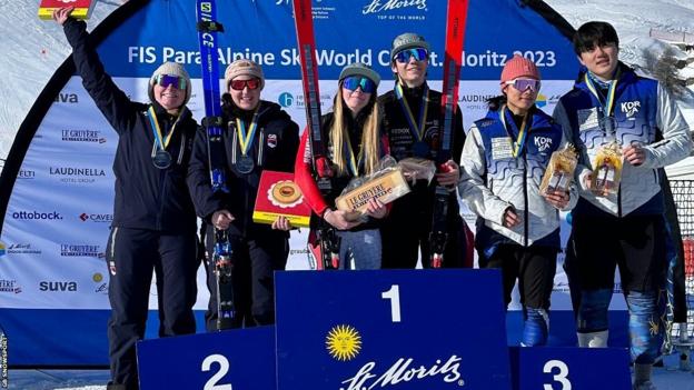 Menna Fitzpatrick and Katie Guest on the podium in St Moritz after claiming silver