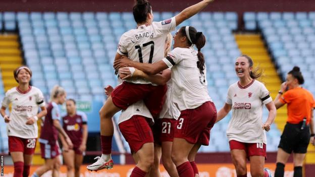 Manchester United players celebrate their Women's Super League victory over Aston Villa