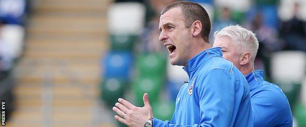 Oran Kearney tries to rally his players at Windsor Park
