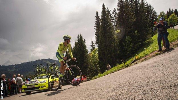 Alberto Contador riding in the Criterium du Dauphine time trial around Les Gets
