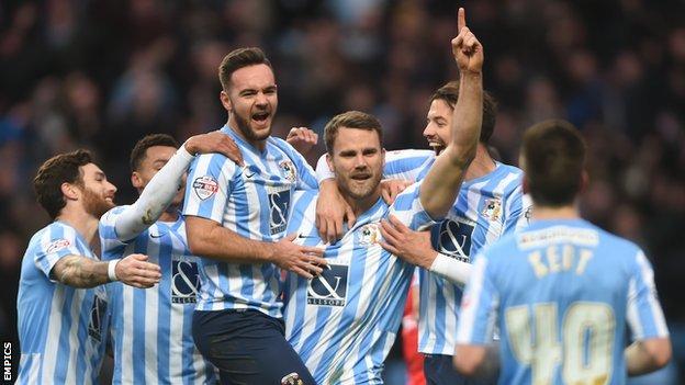 Ben Turner celebrates Coventry's second goal on his first start since returning to the Ricoh Arena on loan