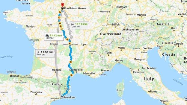 Map of route from Barcelona to Roland Garros