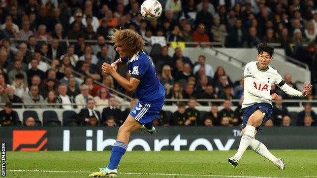 Tottenham's Son Heung-min scores the second of his three goals against Leicester in the Premier League