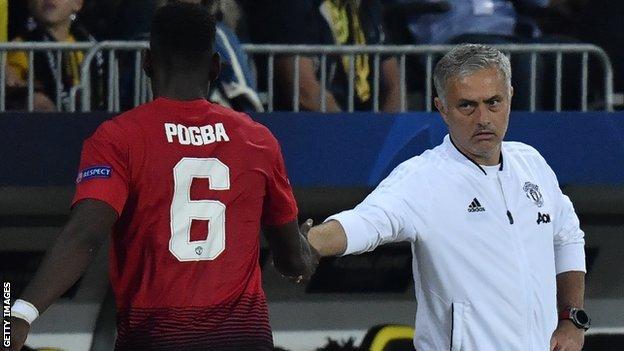 Paul Pogba (left) and Jose Mourinho (right)