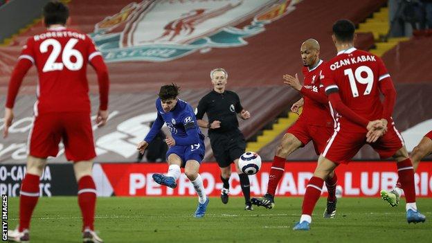 Mason Mount scores for Chelsea at Liverpool