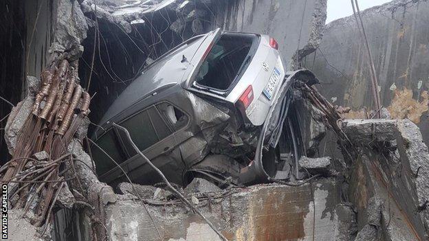 Davide Capello's car in the rubble of the Morandi Bridge