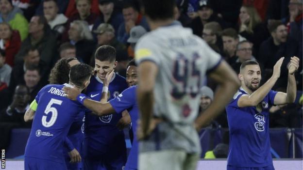 Chelsea's players celebrate scoring against Red Bull Salzburg