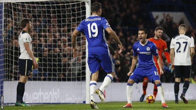 Pedro (Chelsea player on right) and Diego Costa celebrate Victor Moses' goal
