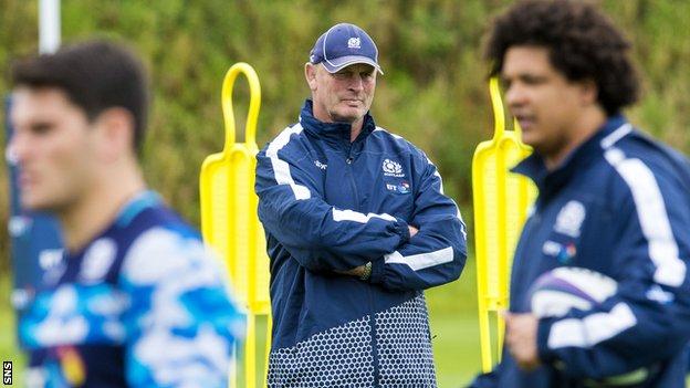 Scotland coach Vern Cotter watches over his players in training