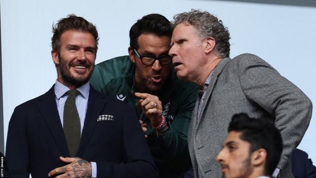 David Beckham, Ryan Reynolds and Will Ferrell at the FA Trophy Final between Bromley and Wrexham at Wembley Stadium