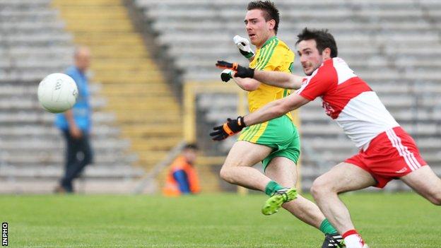 Donegal's Marty O'Reilly fires in the only goal of the semi-final