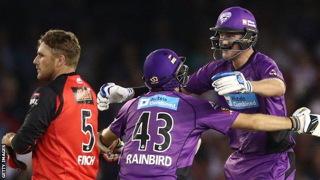 Stuart Broad (right) celebrates following a dramatic win for Hobart Hurricanes