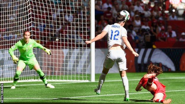 England's Lucy Bronze heads towards goal against Canada in the 2015 Women's World Cup quarter-finals