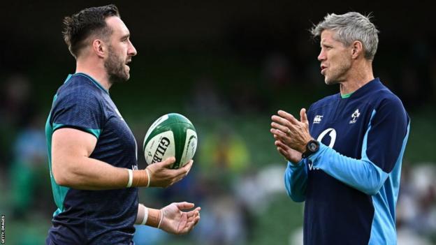 Ireland back row Jack Conan pictured with defence coach Simon Easterby