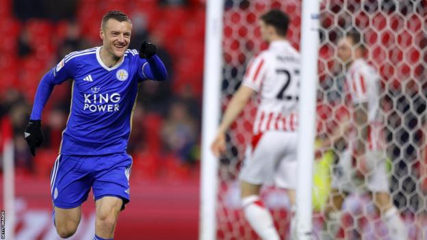 Leicester's Jamie Vardy celebrates a goal against Stoke