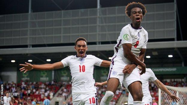 England's players celebrate scoring against Israel in the European Under-19 Championship final