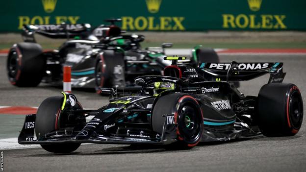 Lewis Hamilton leads George Russell at the Bahrain GP