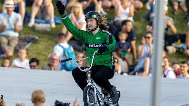 Ryan Henderson in action during the BMX freestyle event in Munich