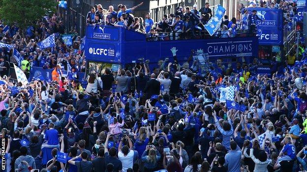 Leicester celebrate their 2015-16 Premier League title during an open-top bus parade