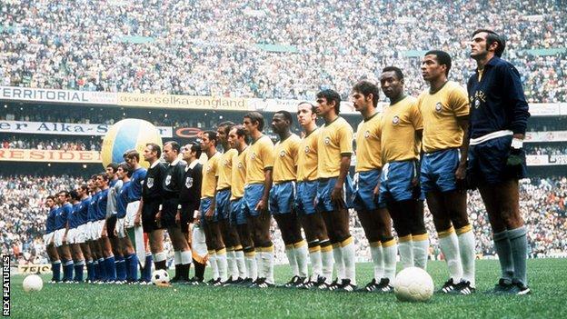 Pele (third from right, staring at camera) lines up with Brazil team and Italy ahead of the 1970 World Cup final