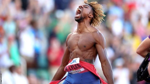 Noah Lyles celebrates after becoming world 200m champion