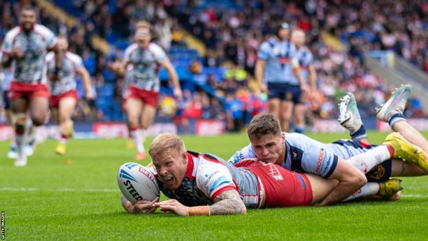 Oliver Holmes scores a effort   for Leigh Leopards against St Helens