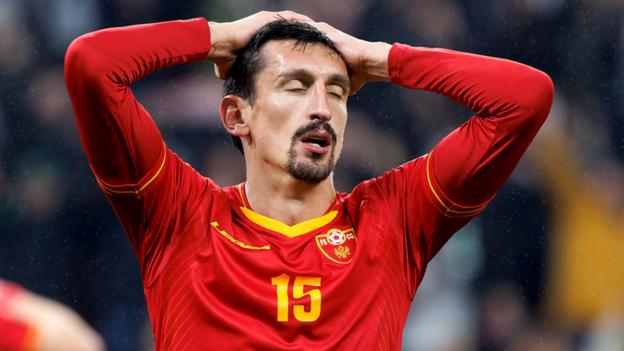Stefan Savic reacts during Montenegro's Euro 2024 qualifier against Hungary