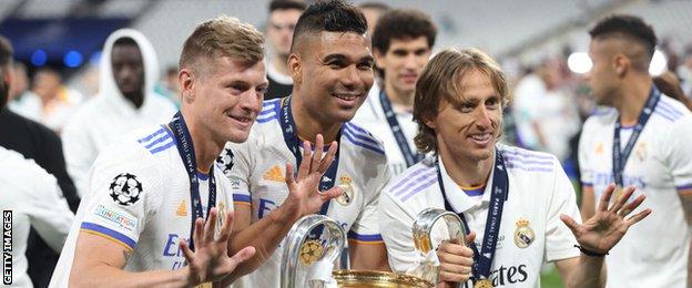 Real Madrid midfielder Toni Kroos, Casemiro and Luka Modric
