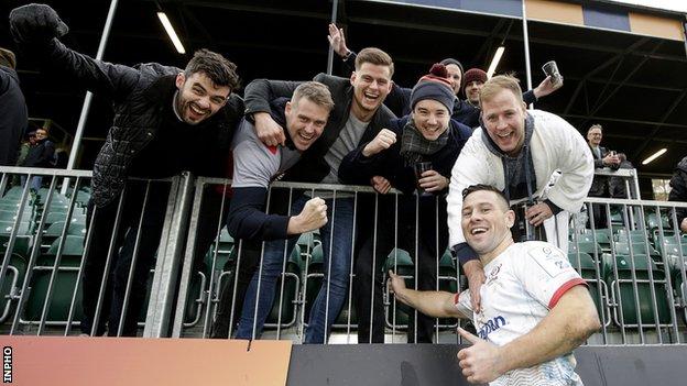 John Cooney celebrates with Ulster fans after his team's European Champions Cup win at Bath