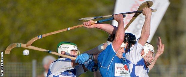 Robert Stoddart playing shinty-hurling for SCOTS Camanachd and Defence Forces Ireland against Ireland