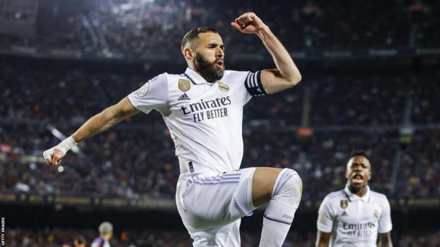 09 Karim Benzema of Real Madrid celebrates after scoring a goal with 20 Vinicius Jr of Real Madrid during the semi finals of the Copa del Rey, Spanish Kings Cup match between FC Barcelona v Real Madrid at Spotify Camp Nou Stadium in Barcelona, Spain, on April 5th, 2023.