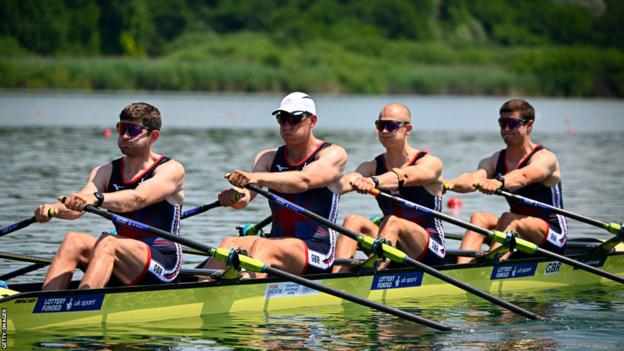 Tom Barras, Matt Haywood, George Bourne and Callum Dixon competing at a rowing World Cup