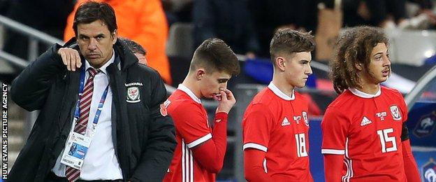 David Brooks (second right) comes on for his Wales debut in France, alongside Ben Woodburn (second left) and Ethan Ampadu (right)