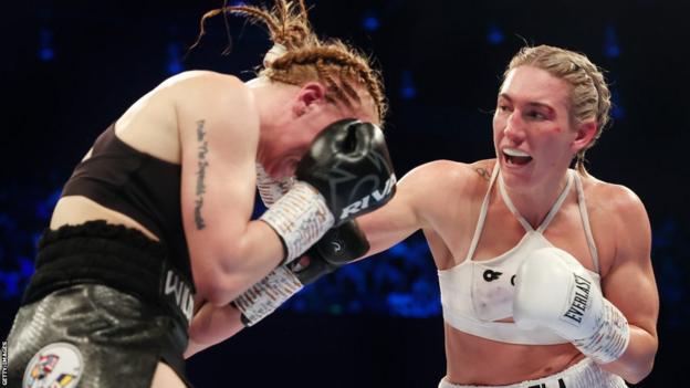 Mikaela Mayer throws a right hook at Lucy Wildheart at London's Copper Box Arena