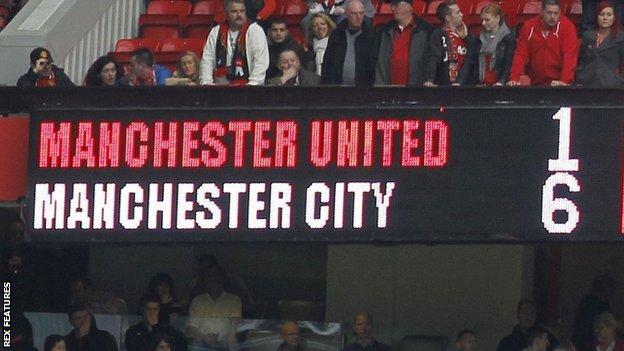 Le tableau de bord à Old Trafford montrant Manchester United 1-6 Manchester City